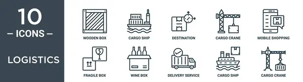 物流アウトラインアイコンセットは 薄いライン木箱 貨物船 目的地 貨物クレーン 移動式ショッピング 壊れやすい箱 レポート プレゼンテーション Webデザインのためのワインボックスアイコンが含まれています — ストックベクタ