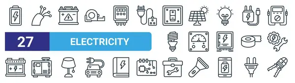 Set Icone Web Contorno Elettricità Come Batteria Cavo Accumulatore Pannello — Vettoriale Stock