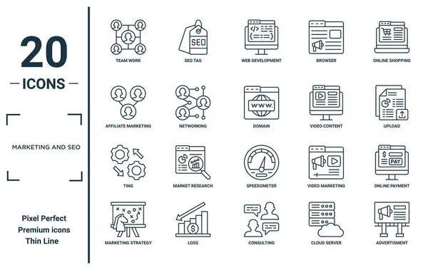 Marketing Και Seo Linear Icon Set Περιλαμβάνει Εργασίες Της Ομάδας — Διανυσματικό Αρχείο