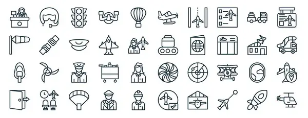 Başlık, rüzgar gülü, oksijen maskesi, çıkış kapısı, bina, uçuş bilgisi, rapor için uçak simgeleri, sunum, diyagram, web tasarımı, mobil uygulama gibi 40 ana hatlı web havacılık simgesi seti