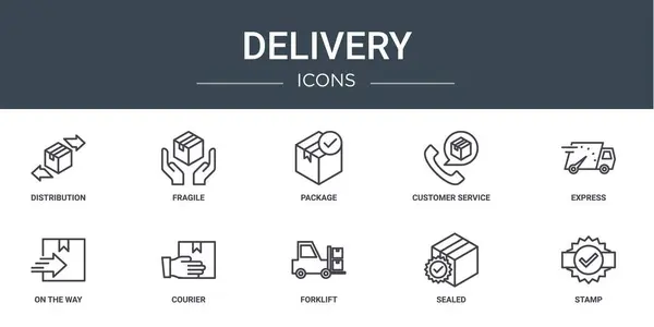 Set Van Outline Web Delivery Iconen Zoals Distributie Breekbaar Pakket — Stockvector