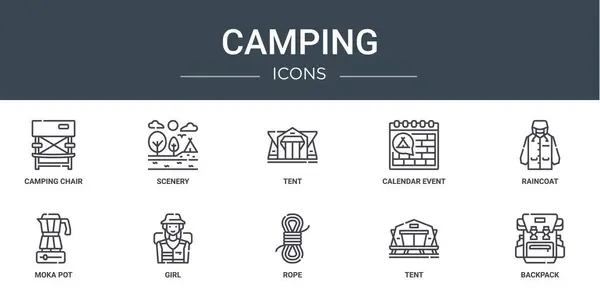Σύνολο Περίγραμμα Εικονίδια Web Camping Όπως Καρέκλα Κάμπινγκ Τοπίο Σκηνή — Διανυσματικό Αρχείο