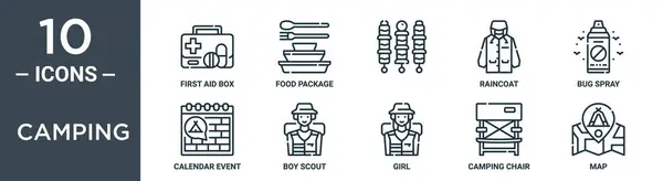 キャンプの輪郭のアイコン セットは薄いラインの援助箱 食糧パッケージ 雨コート バグのスプレー カレンダー イベント 男の子のスカウト アイコンをレポート ウェブ設計含んでいます — ストックベクタ