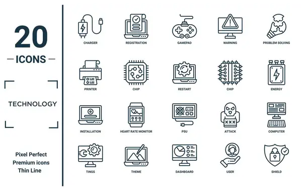 Tecnología Lineal Icono Conjunto Incluye Cargador Línea Delgada Impresora Instalación — Archivo Imágenes Vectoriales