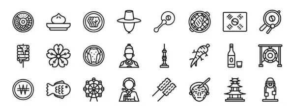 Набір Контурних Веб Корейських Піктограм Таких Bibimbap Hoppang Kimchi Hat — стоковий вектор