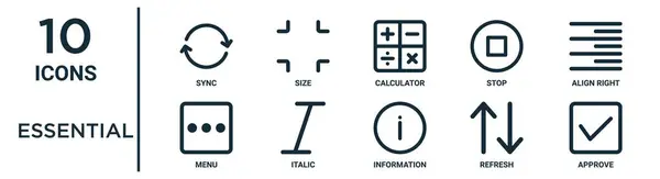 Základní Sada Ikon Osnovy Jako Synchronizace Tenkých Čar Kalkulačka Zarovnání — Stockový vektor
