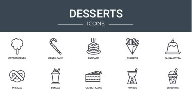 Pamuk şeker, şeker kamışı, krep, churros, panna cotta, pretzel, sunum, diyagram, web tasarımı, mobil uygulama gibi 10 ana hatlı tatlı ikonu seti
