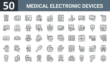 set of 50 outline web medical electronic devices icons such as phacoemulsification device, ekg, sterilizer, urine, ph, infusion pump, nebulizer vector thin icons for report, presentation, diagram, clipart