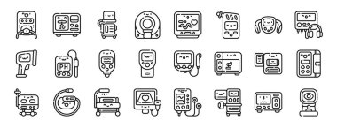 set of 24 outline web medical electronic devices icons such as medical irrigation pump, amaamator, iabp, mri, heart rate monitor, breathalyzer, body fat vector icons for report, presentation, clipart
