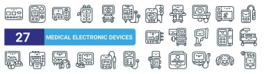 set of 27 outline web medical electronic devices icons such as esu, feeding pump, insufflator, surgical aspirator, anesthesia, fetal monitor, iabp, breathalyzer vector thin line icons for web clipart