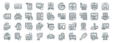 set of 40 outline web medical electronic devices icons such as esu, ekg, holter, urine, heart rate monitor, mri, pacemaker icons for report, presentation, diagram, web design, mobile app clipart