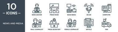 news and media outline icon set includes thin line news anchor, press room, mass media, on air, computer, male journalist, press secretary icons for report, presentation, diagram, web design clipart