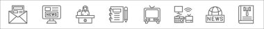 outline set of news and media line icons. linear vector icons such as newsletter, portal, press secretary, notebook, television, mass media, news, code of conduct clipart