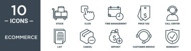 ecommerce ana hat simgesi seti ince satır stoku, tıklama, zaman yönetimi, fiyat etiketi, çağrı merkezi, liste, rapor için simgeleri iptal etme, sunum, diyagram, web tasarımı içerir