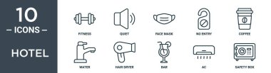 Otel ana hatları simgesi seti ince çizgi fitness, sessizlik, yüz maskesi, giriş yok, kahve, su, saç kurutma ikonları rapor için, sunum, diyagram, web tasarımı