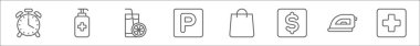 Otel hattı ikonlarının ana hatları. Uyarı, dezenfektan, meyve suyu, park, alışveriş, nakit para, demir, ilk yardım gibi doğrusal vektör simgeleri