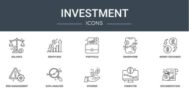 Rapor için denge, grafik çubuğu, portföy, akıllı telefon, para değişimi, risk yönetimi, veri analiz vektör simgeleri, sunum, diyagram, web tasarımı gibi 10 ana hatlı web yatırım simgesi seti,