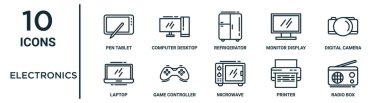 İnce çizgi kalem tableti, buzdolabı, dijital kamera, oyun denetleyici, yazıcı, radyo kutusu, rapor için dizüstü bilgisayar simgeleri, sunum, diyagram, web tasarımı gibi elektronik taslak simgeleri