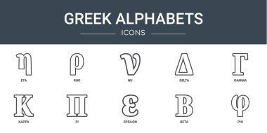 set of 10 outline web greek alphabets icons such as eta, rho, nu, delta, gamma, kappa, pi vector icons for report, presentation, diagram, web design, mobile app clipart