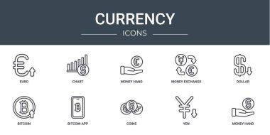 Rapor, sunum, diyagram, web tasarımı, mobil uygulama gibi 10 ana hatlı web para birimi simgesi seti