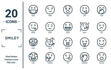 Gülen doğrusal simge seti. Rapor için ince çizgi maskesi, fermuarlı, mutlu, aşk, şok, kahkaha, gülümseme simgeleri, sunum, diyagram, web tasarımı