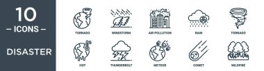 Afet ana hatları ikonu seti ince çizgi kasırga, fırtına, hava kirliliği, yağmur, kasırga, sıcak, şimşek simgeleri rapor, sunum, diyagram, web tasarımı içerir