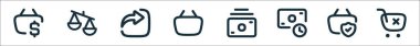 Coreicon bankacılık çizgisi simgelerinin ana hatları. usd, karşılaştırma, paylaşım, sepet, ödeme, geç ödeme, koruma, silme gibi doğrusal vektör simgeleri