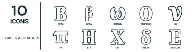 İnce çizgi beta, omega, nu, eta, delta, epsilon, rapor için pi simgeleri, sunum, diyagram, web tasarımı gibi Yunan alfabesi ana hatları simgesi kümesi
