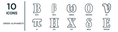 greek alphabets outline icon set such as thin line beta, omega, nu, eta, delta, epsilon, pi icons for report, presentation, diagram, web design clipart