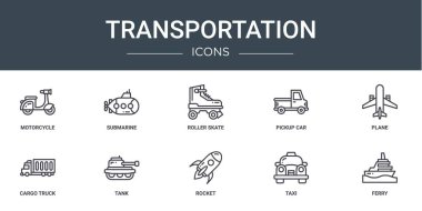 Rapor için 10 ana hatlı web taşıma simgesi, motosiklet, denizaltı, paten, pikap araba, uçak, kargo kamyonu, tank vektör simgeleri, sunum, diyagram, web tasarımı, mobil uygulama gibi