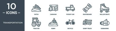 Ulaşım ana hatları ikonu seti ince çizgi yatı, karavan, kamyonet arabası, kaykay, paten, traktör, rapor için feribot simgeleri, sunum, diyagram, web tasarımı içerir