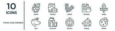 Gıda ve içecek taslak simge seti ince çizgi üzüm, buğday, otlar, süt kutusu, peynir, kurabiye, rapor için inek simgeleri, sunum, diyagram, web tasarımı gibi