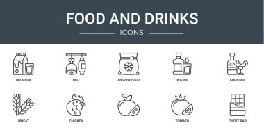 Rapor için 10 ana hatlı web yiyecek ve içecek ikonu: süt kutusu, şarküteri, donmuş yiyecek, su, kokteyl, buğday, tavuk vektör simgesi, sunum, diyagram, web tasarımı, mobil uygulama
