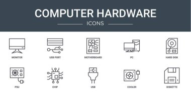 set of 10 outline web computer hardware icons such as monitor, usb port, motherboard, pc, hard disk, psu, chip vector icons for report, presentation, diagram, web design, mobile app clipart