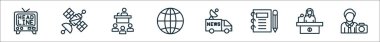 outline set of news and media line icons. linear vector icons such as headline, satellite, press conference, globe, van, notebook, press secretary, cameraman clipart