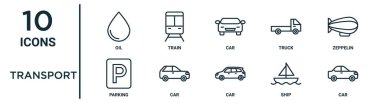 Rapor için ince çizgi yağ, araba, zeplin, araba, gemi, araba, park simgeleri, sunum, diyagram, web tasarımı gibi taşıma simgesi seti