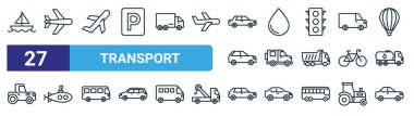 Gemi, uçak, uçak, yağ, denizaltı, araba, web tasarımı için araba vektör çizgisi ikonu, mobil uygulama gibi 27 ana hatlı ağ taşıma simgesi.