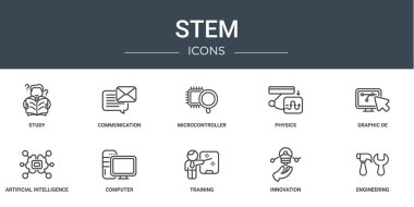 set of 10 outline web stem icons such as study, communication, microcontroller, physics, graphic de, artificial intelligence, computer vector icons for report, presentation, diagram, web design, clipart