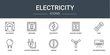 Rapor, sunum, diyagram, web tasarımı, mobil tasarım gibi 10 ana hatlı elektrik ikonu seti (voltmetre, şalter, elektrik soketi, fünye, diyot, elektrik jeneratörü vektör simgeleri)