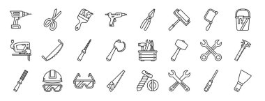 El matkabı, makas, boya fırçası, yapıştırıcı tabancası, pense, boya silindiri, rapor için fretsaw vektör simgeleri, sunum, diyagram, web tasarımı, mobil uygulama gibi 24 ana hatlı marangozluk simgesi seti
