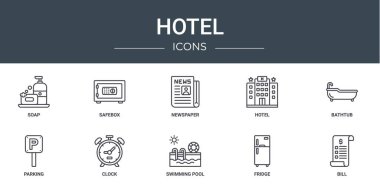 Rapor için sabun, güvenlik kutusu, gazete, otel, küvet, park yeri, saat vektör simgeleri, sunum, diyagram, mobil uygulama gibi 10 ana hatlı otel simgesi seti