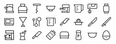 Rapor için 24 taslak web mutfak simgesi, çaydanlık, tost makinesi, tirbuşon, kase, kahve fincanı, bardak, karıştırıcı vektör simgesi, sunum, diyagram, web tasarımı, mobil uygulama gibi