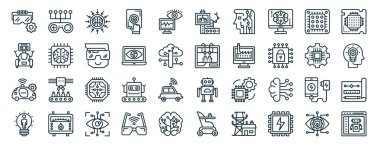 Oyun denetleyici, robot, otomatikleştirilmiş, yaratıcı akıl, mikroişlemci, mikroişlemci, rapor, sunum, diyagram gibi 40 ana hatlı yapay zeka simgesi,
