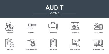 set of 10 outline web audit icons such as auditor, hammer, briefcase, schedule, calculation, deadline, comunications vector icons for report, presentation, diagram, web design, mobile app clipart