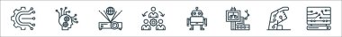 Yapay zeka çizgisi simgelerinin ana hatları. otomatik, hine öğrenme, holografik, takım yönetimi, robot, robotik cerrahi, protez, bilgisayar bilimi gibi doğrusal vektör simgeleri