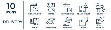 dağıtım ana hatları simgesi seti örneğin ince çizgi paket izleme, dağıtım çizelgesi, dağıtım, kamyon, geri dönüş kutusu, rapor için forklift simgeleri, sunum, diyagram, web tasarımı