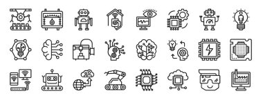 Taşıyıcı, sıcaklık kontrolü, robot, akıllı ev, izleme, mikroişlemci, rapor için robot vektör simgeleri, sunum, diyagram, web gibi 24 ana hatlı yapay zeka simgelerinden oluşan bir set
