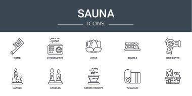 Rapor için 10 ana hatlı web sauna simgesi, tarak, higrometre, lotus, havlular, saç kurutma makinesi, mum, mum, mum vektör simgeleri, sunum, diyagram, web tasarımı, mobil uygulama gibi