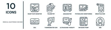 Tıbbi elektronik cihazlar, ince çizgi kalp atış hızı monitörü, amatör, alkol ölçer, termometre tabancası, infüzyon pompası, MRI, sunum, diyagram, web gibi ana hatları belirleyen ikon seti.