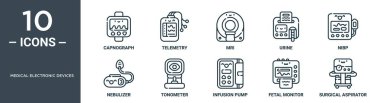 Tıbbi elektronik aygıtlar ana hatları simgesi seti ince çizgi kapnografı, telemetri, MRI, idrar, nibp, nebulizer, rapor, sunum, diyagram, web tasarımı için tonometre simgeleri içerir